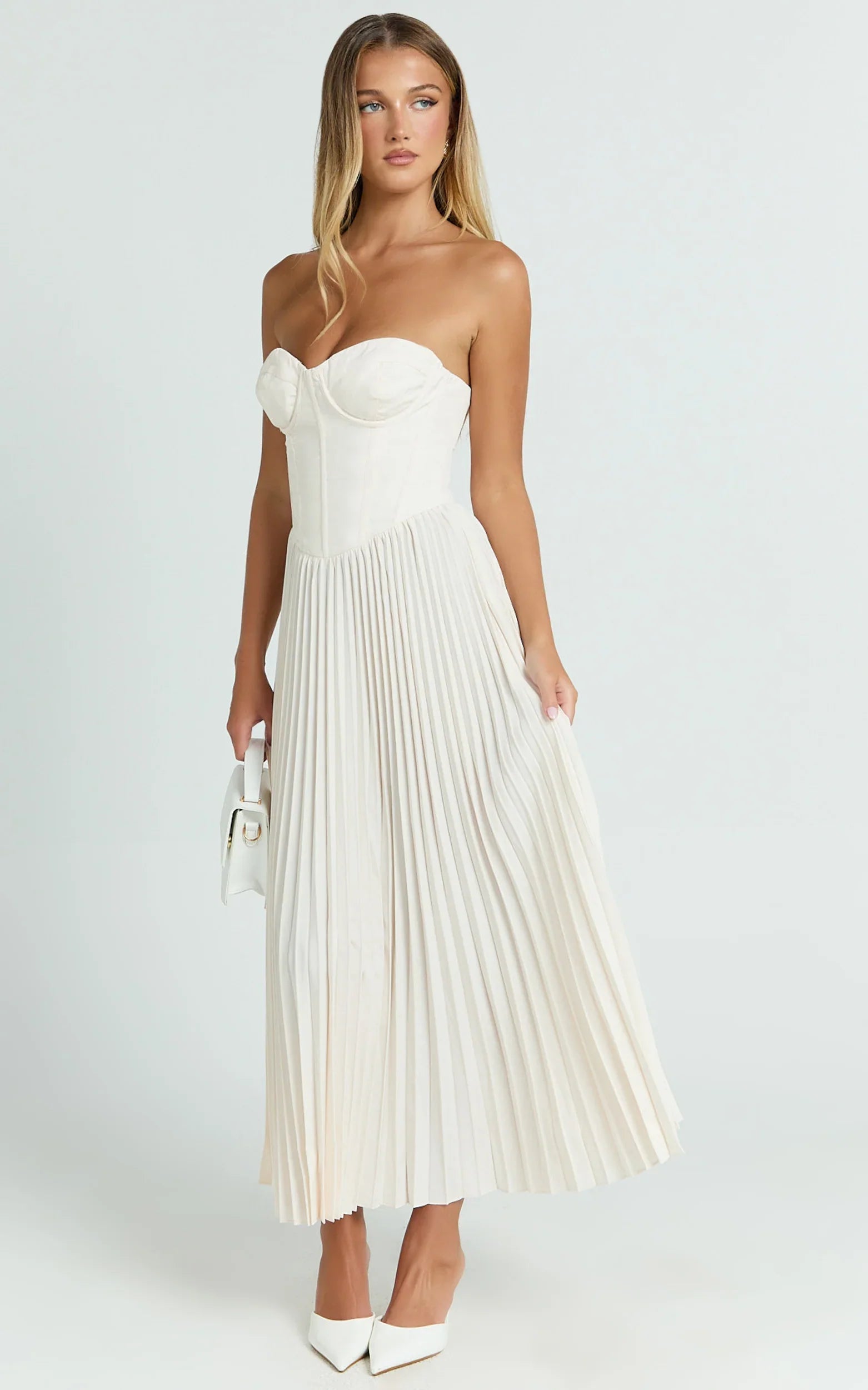 Loretta Midi Dress - Lace Up Back Bustier Pleated Dress in Cream